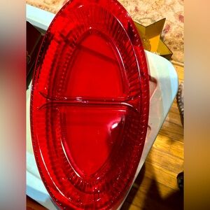 Red and clear three piece Divided Serving Platter set with stand. NIB